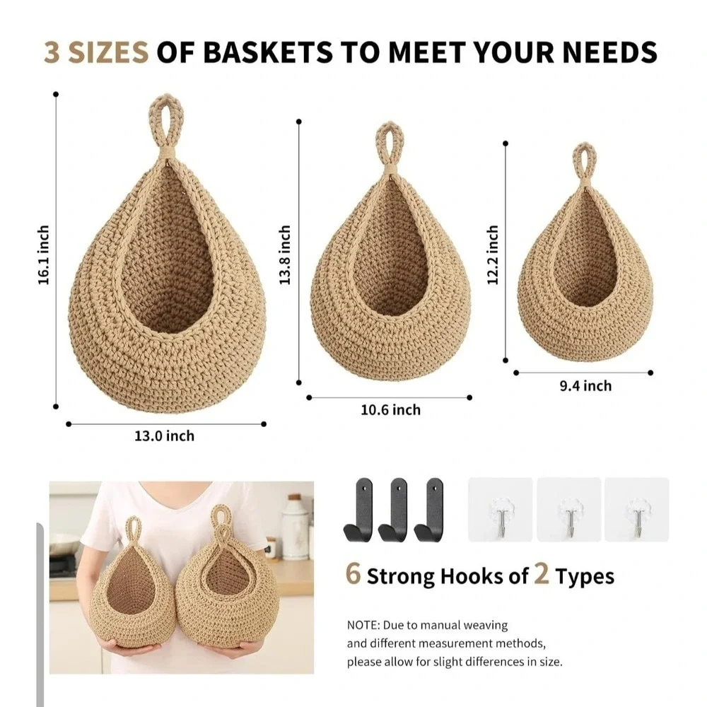 Set of 3 Hanging Woven Baskets Fruit Storage Boho Kitchen Wall Organizer Hooks
